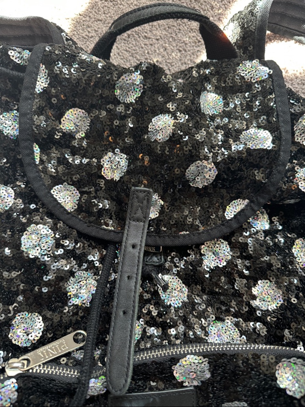 PINK Victoria's Secret Black Sequin Floral Drawstring Backpack - Picture 4 of 9